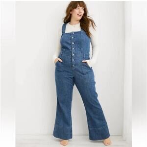 Aerie Denim Kick Flare Overalls Jumpsuit Cotton Button Up S